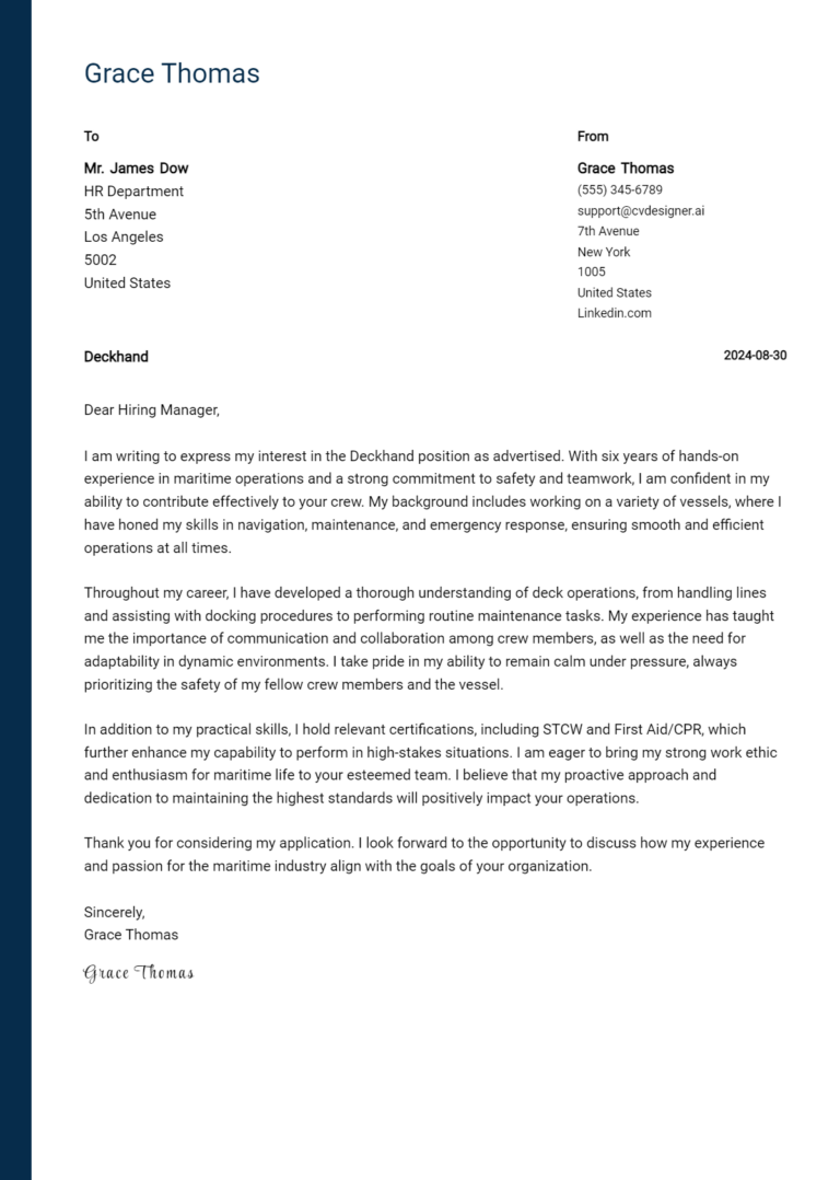 Deckhand Cover Letter Example for 2025: Tips & Templates