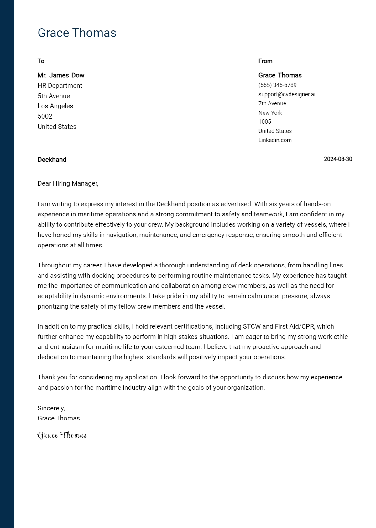 deckhand cover letter example