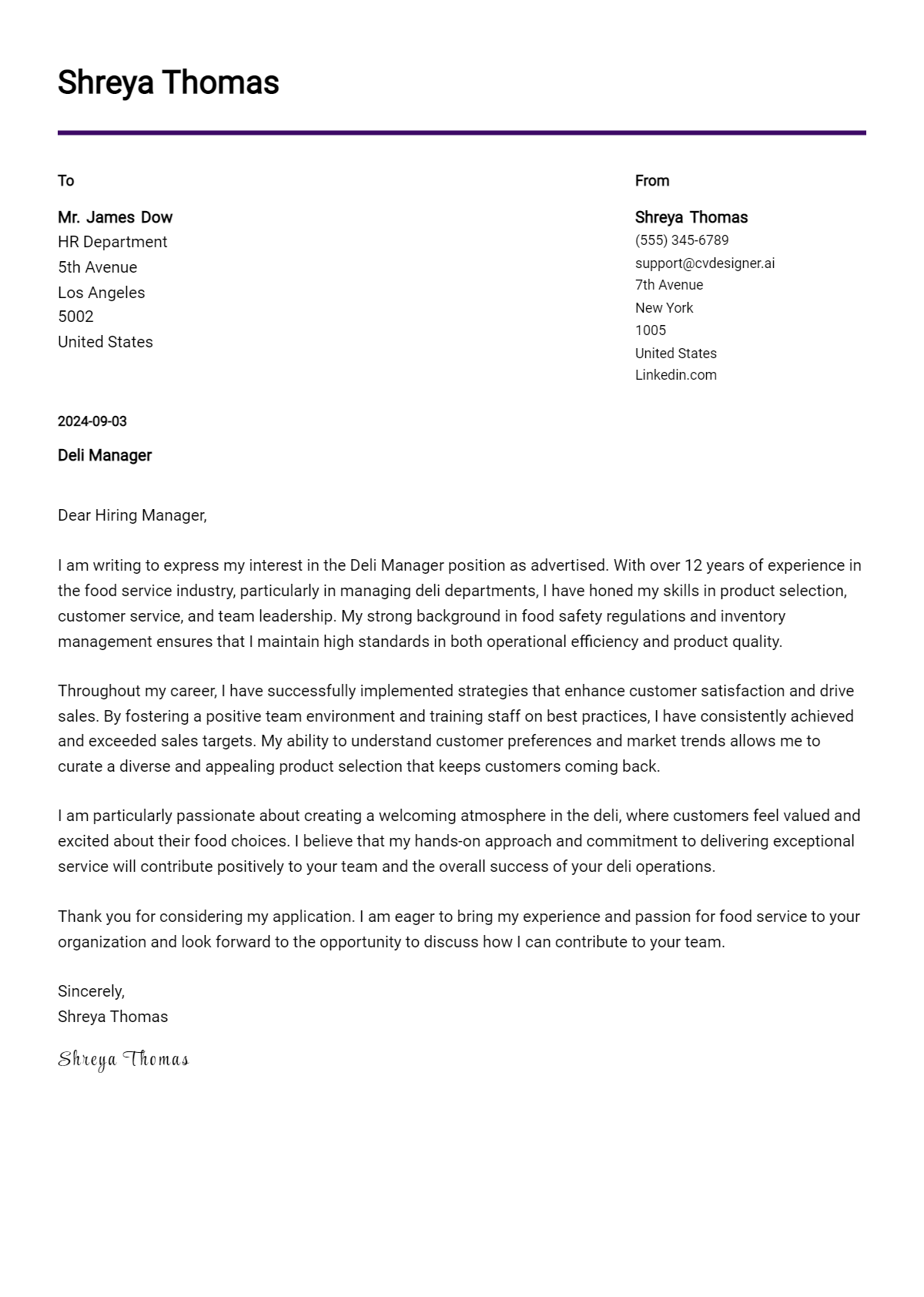 deli manager cover letter example