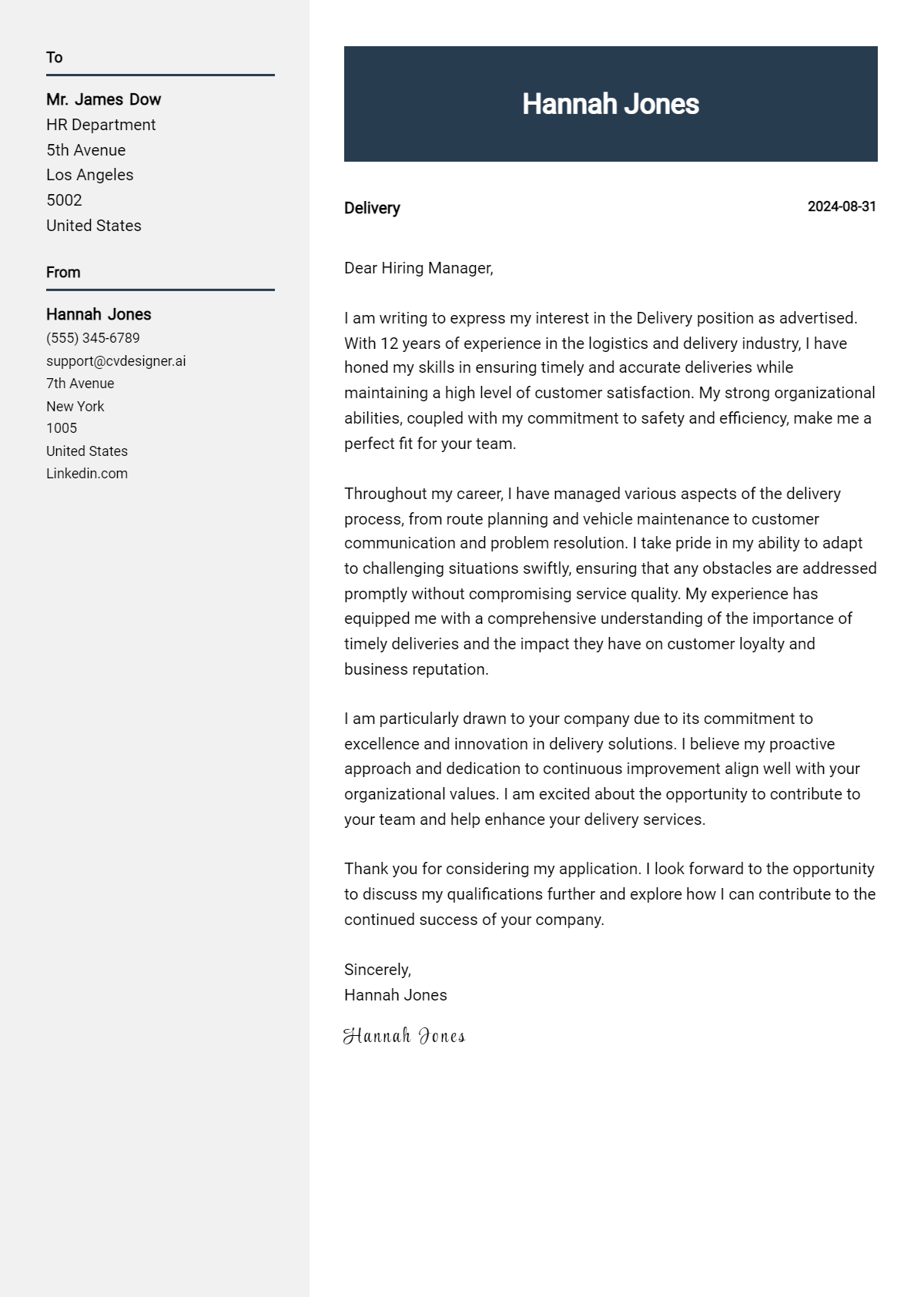 delivery cover letter example