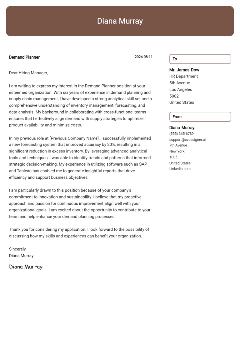 Demand Planner Cover Letter Example for 2025: Free Templates