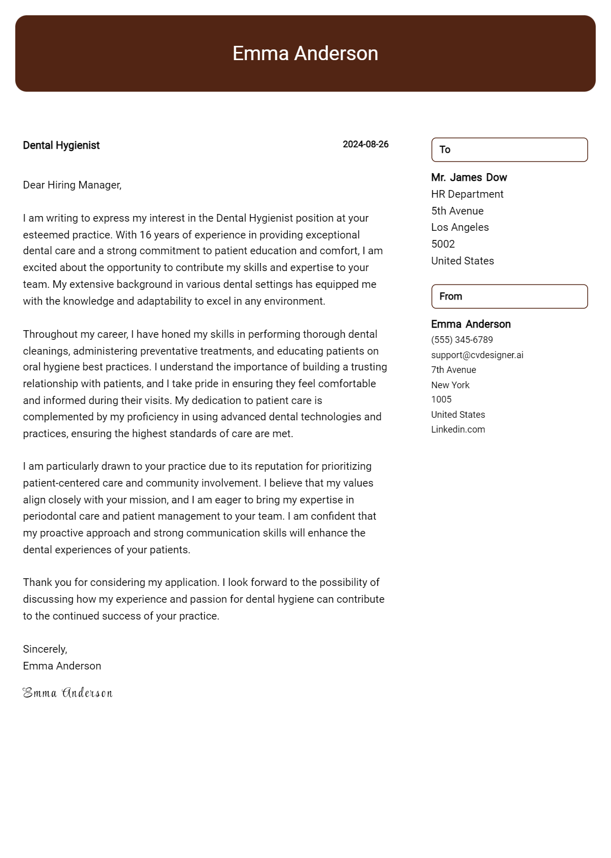 dental hygienist cover letter example