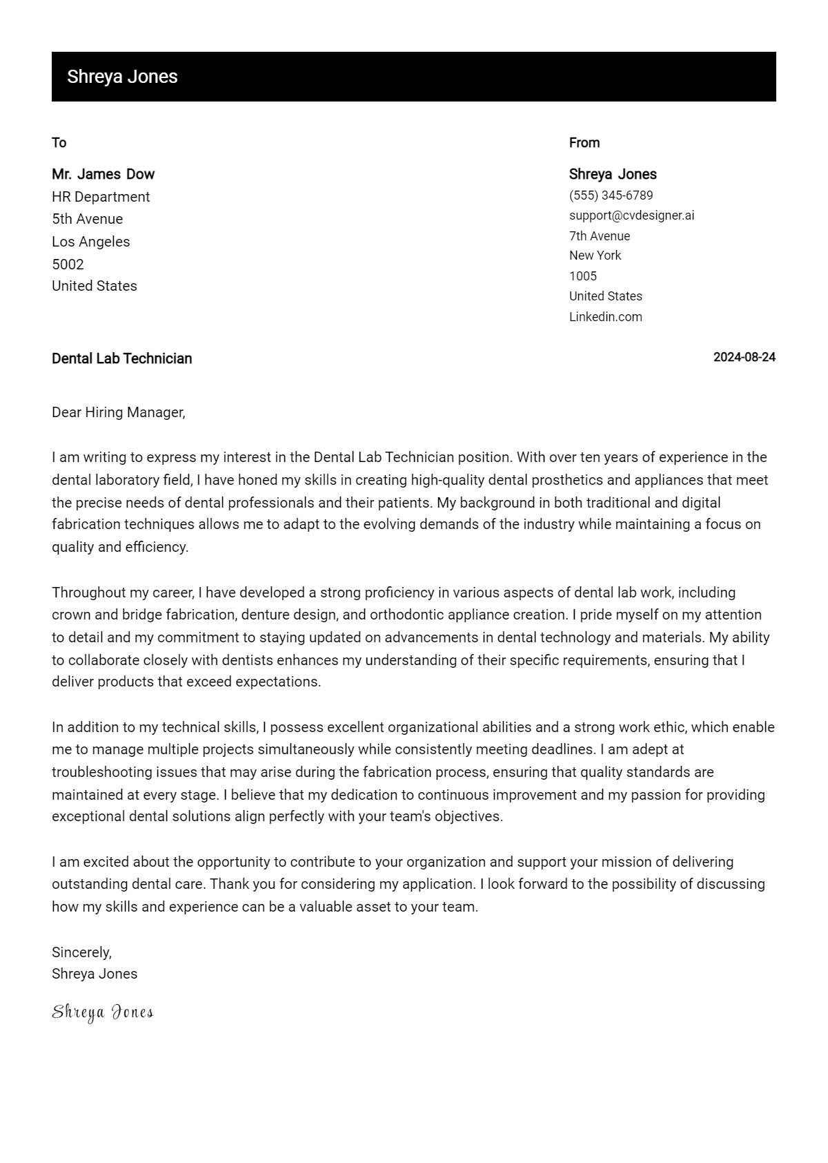 dental lab technician cover letter example