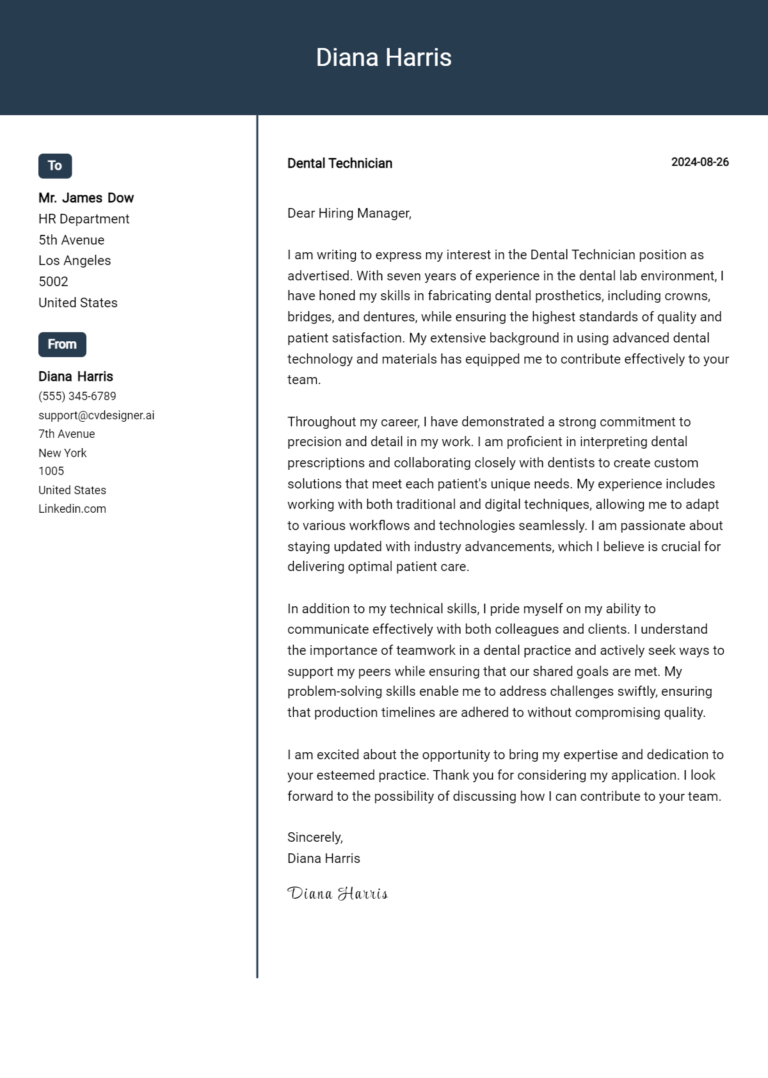 Dental Technician Cover Letter Example for 2025 (Download Templates) 1 Dental Technician Cover Letter Example for 2025 (Download Templates)