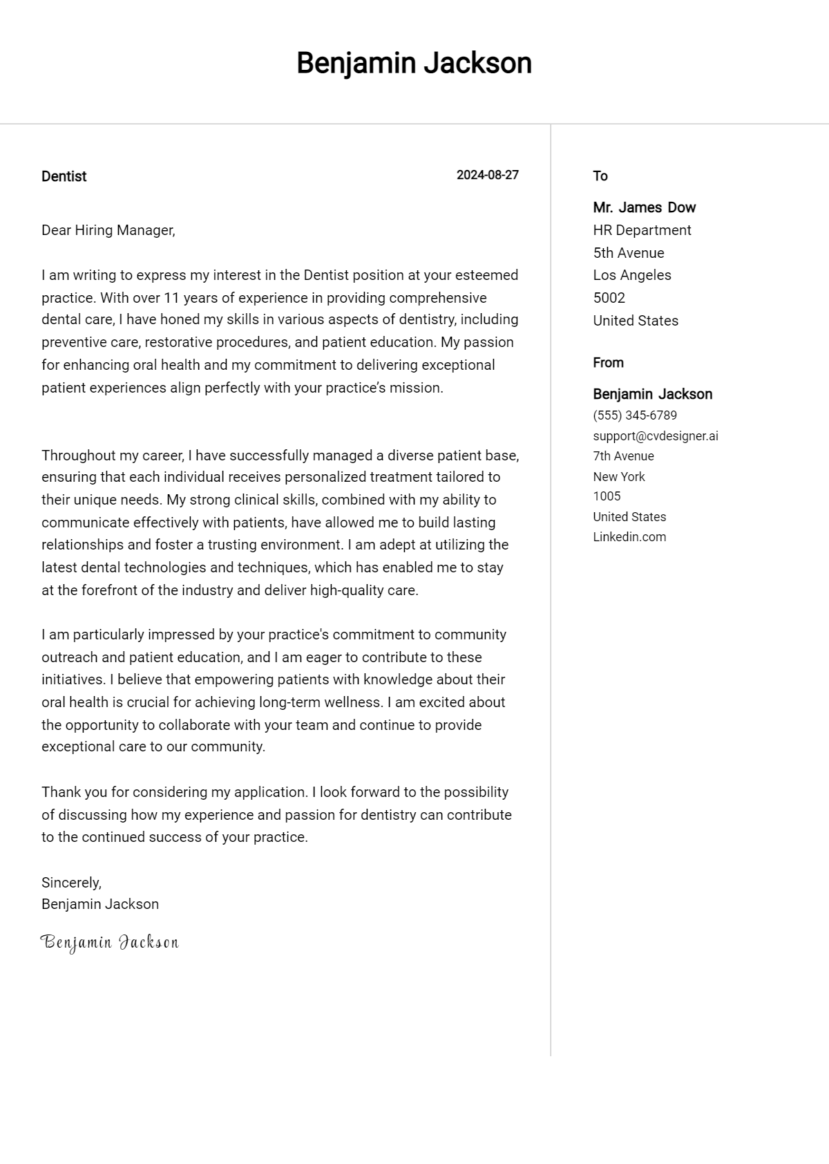 dentist cover letter example