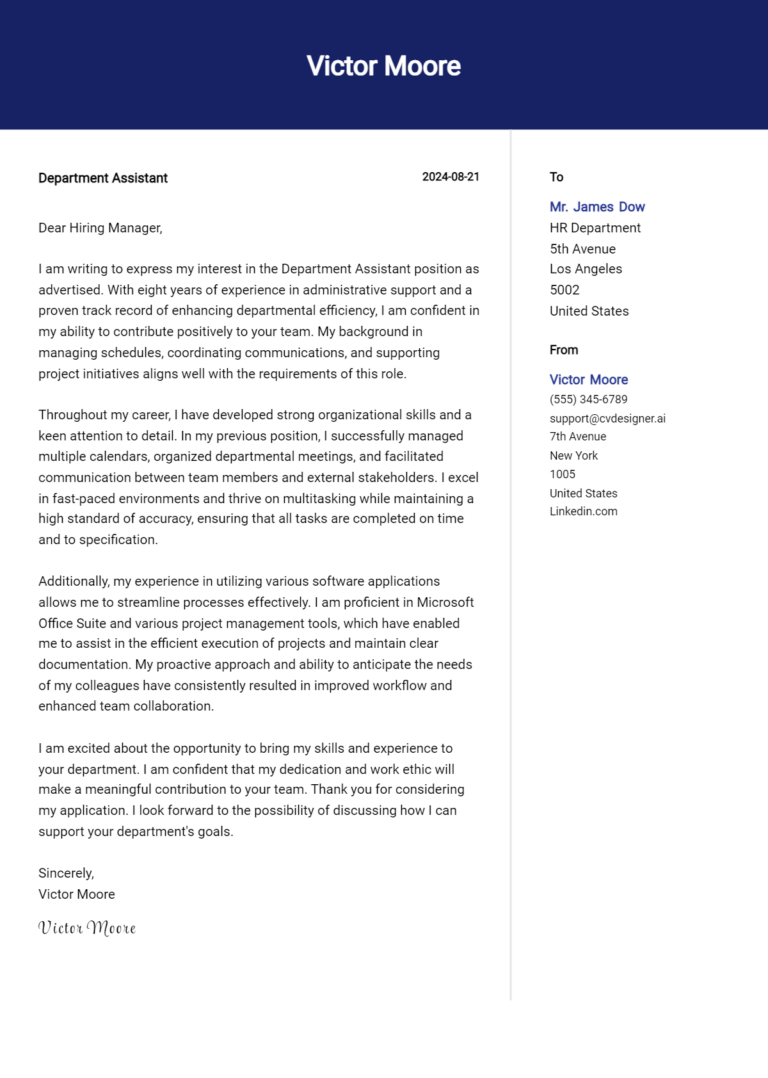 Department Assistant Cover Letter Examples for 2025 (Downloadable)