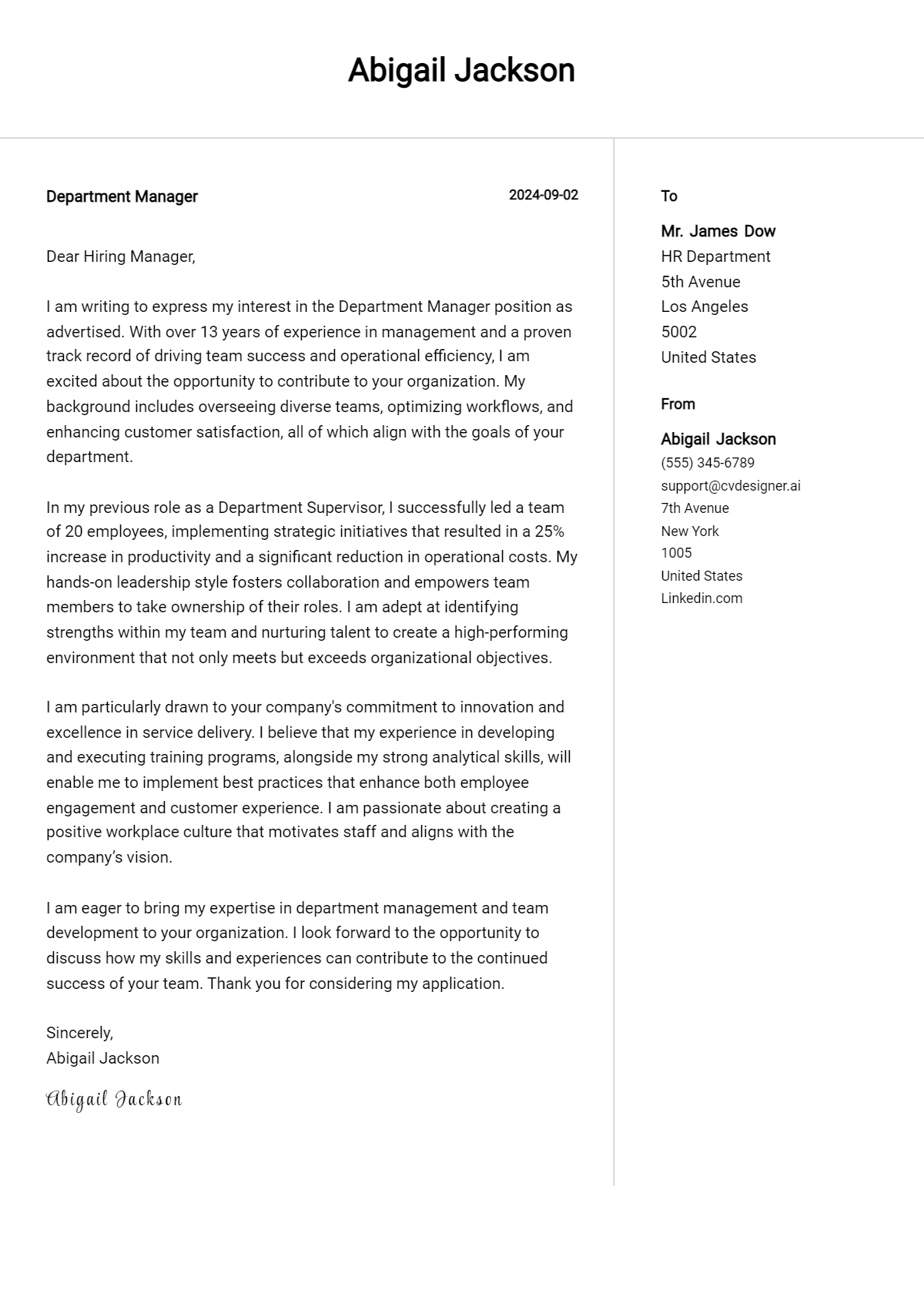 department manager cover letter example