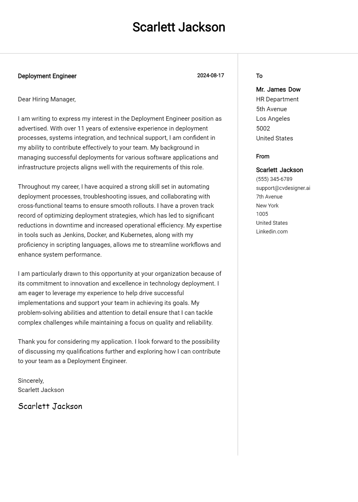 Deployment Engineer Cover Letter Example for 2024: Free Templates ...