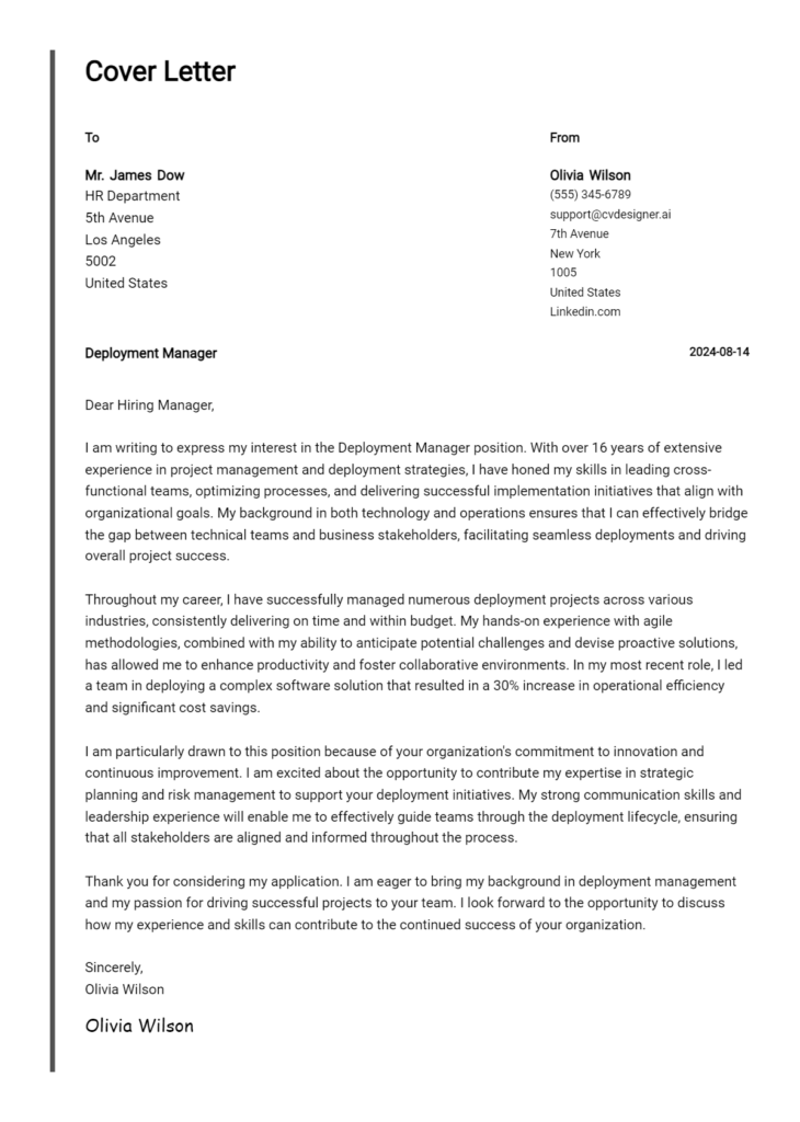 Deployment Manager Cover Letter Example for 2024 (Complete Writing ...