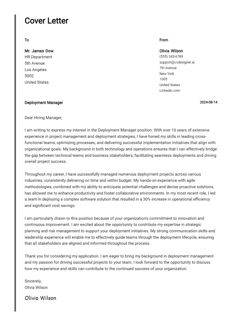 Deployment Manager Cover Letter Example for 2025 (Complete Writing Guide)