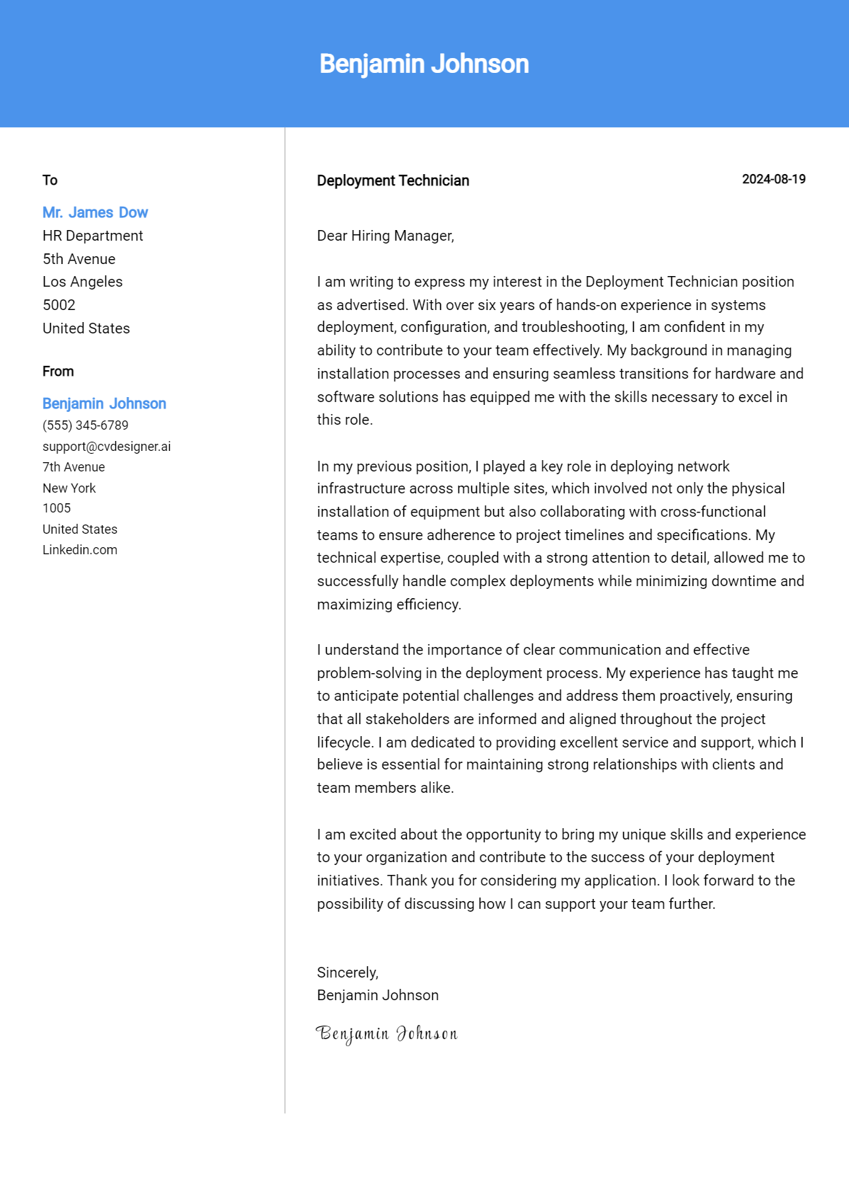 deployment technician cover letter example
