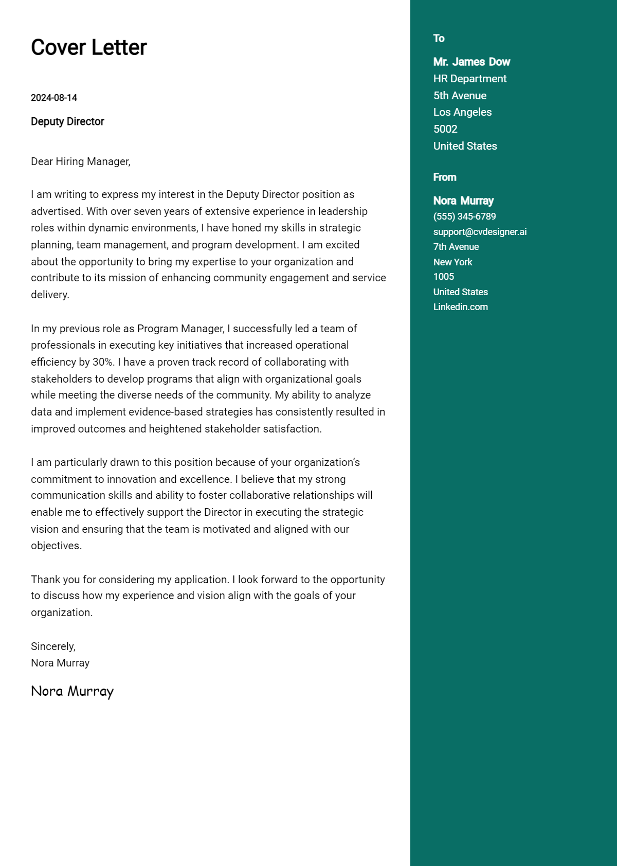 deputy director cover letter example