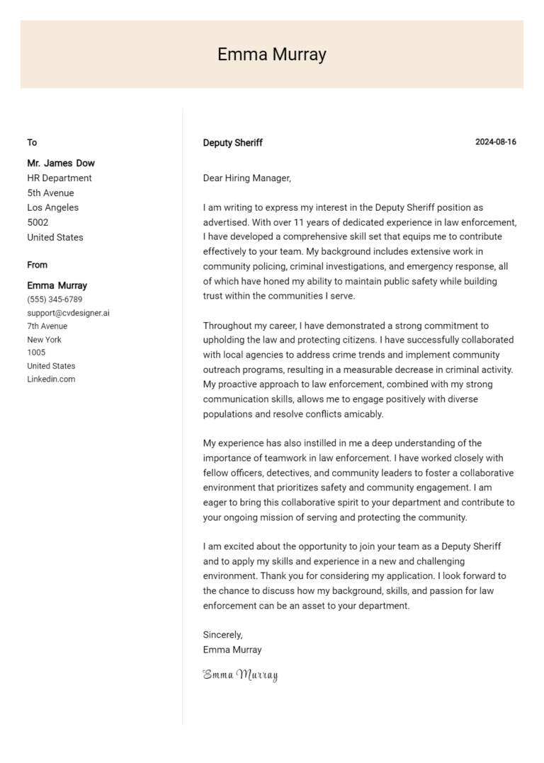 Deputy Sheriff Cover Letter Example for 2025: Expert Tips & Templates