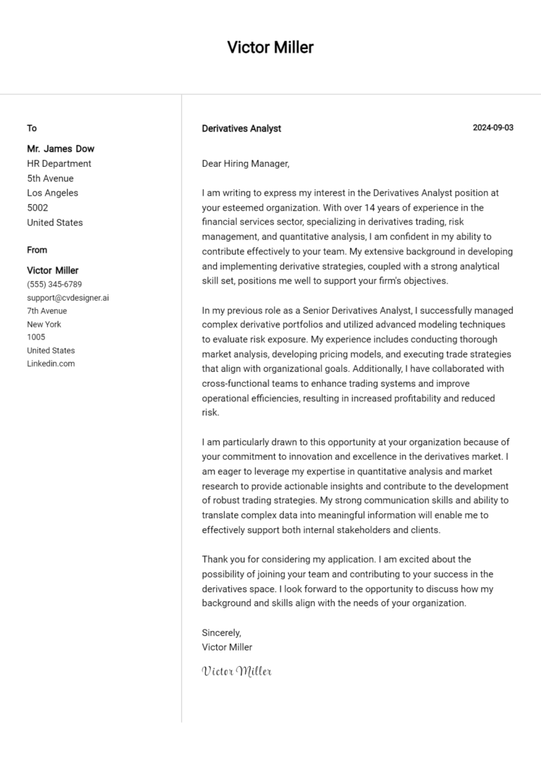 Derivatives Analyst Cover Letter Example for 2025 (Download Templates)
