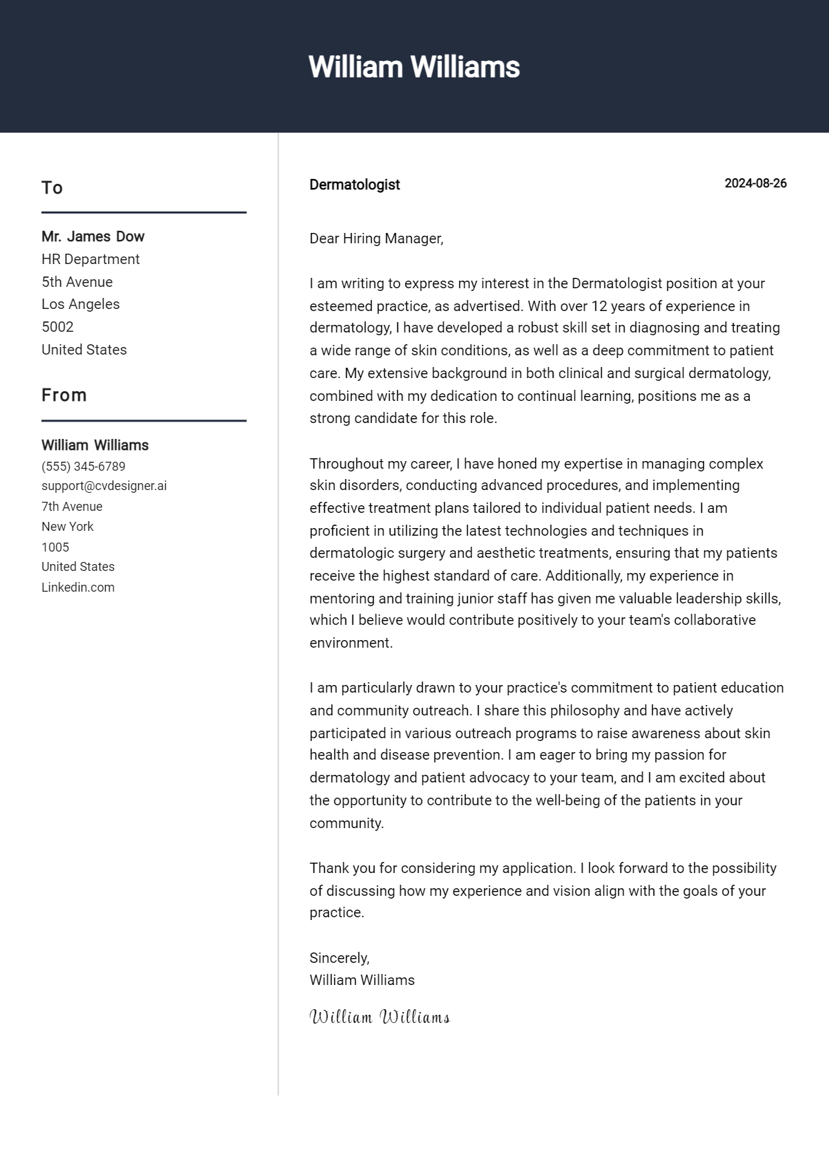 dermatologist cover letter example