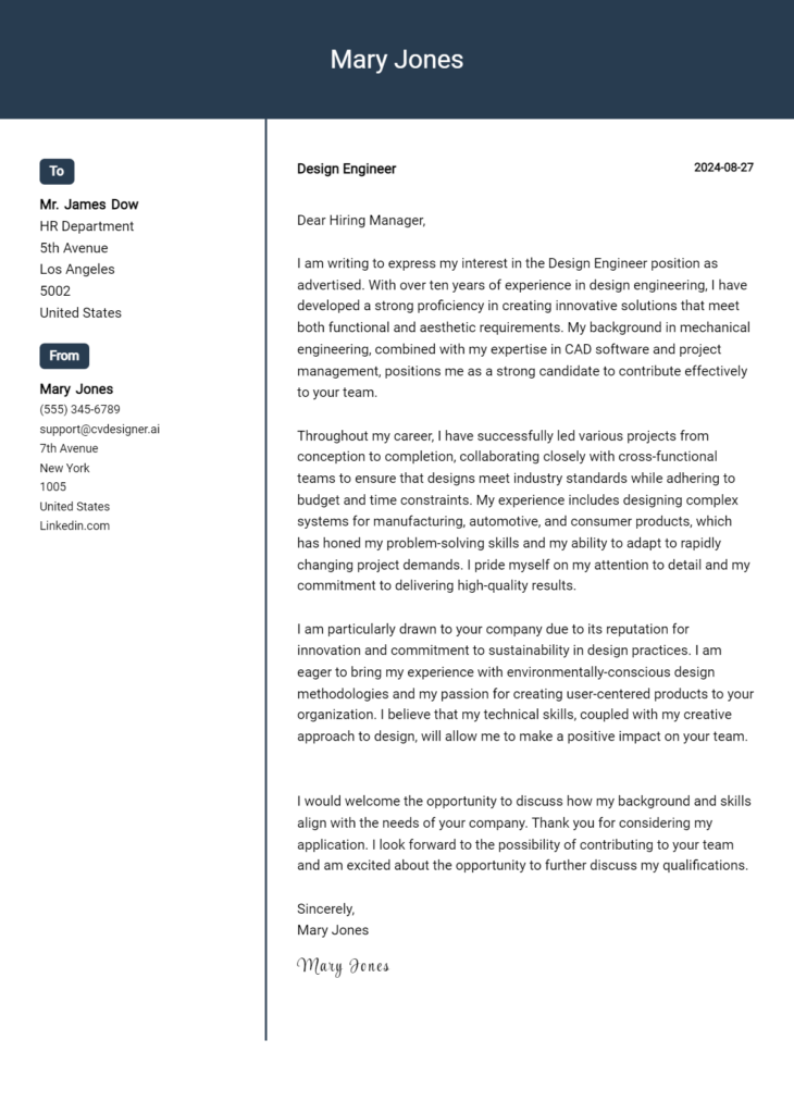 design engineer cover letter example