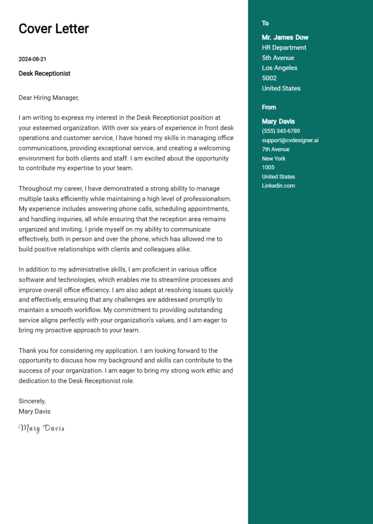 Desk Receptionist Cover Letter Example for 2025: Top CV Skills