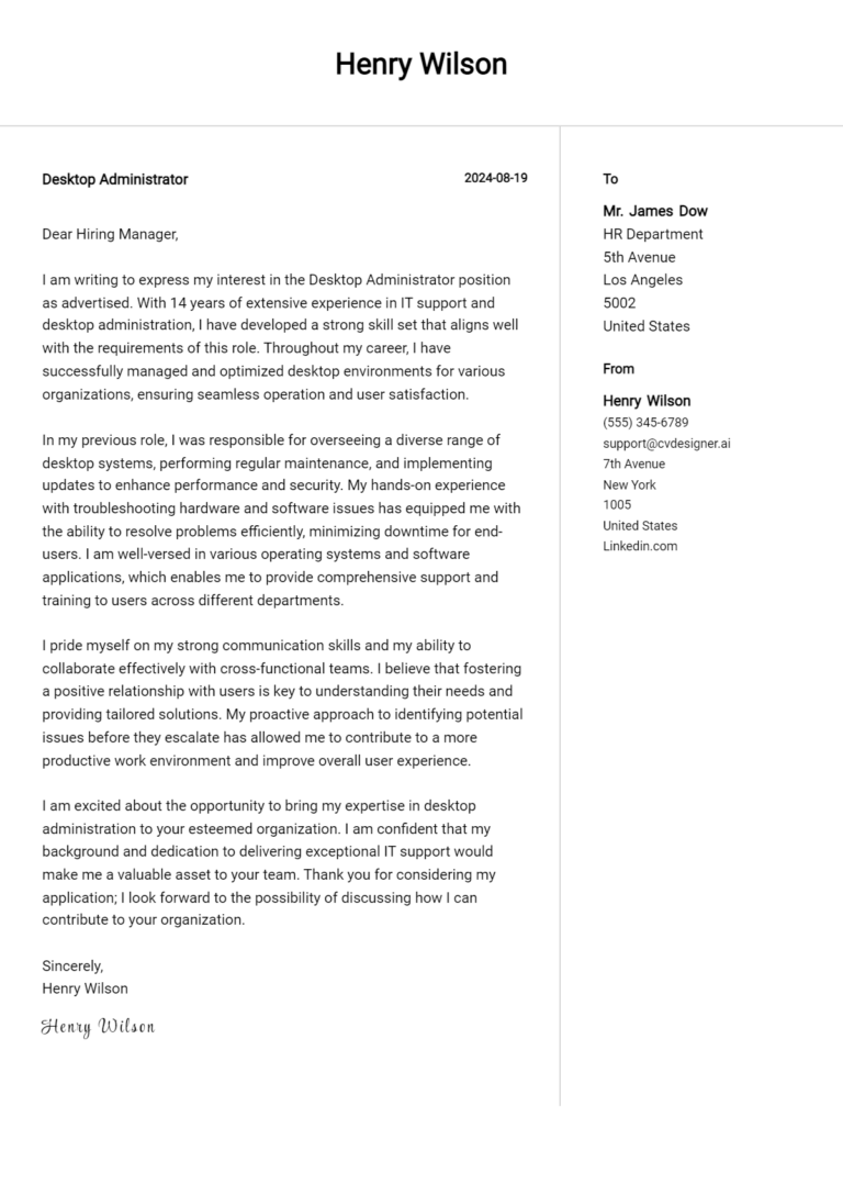 Desktop Administrator Cover Letter Example for 2025: Tips & Templates