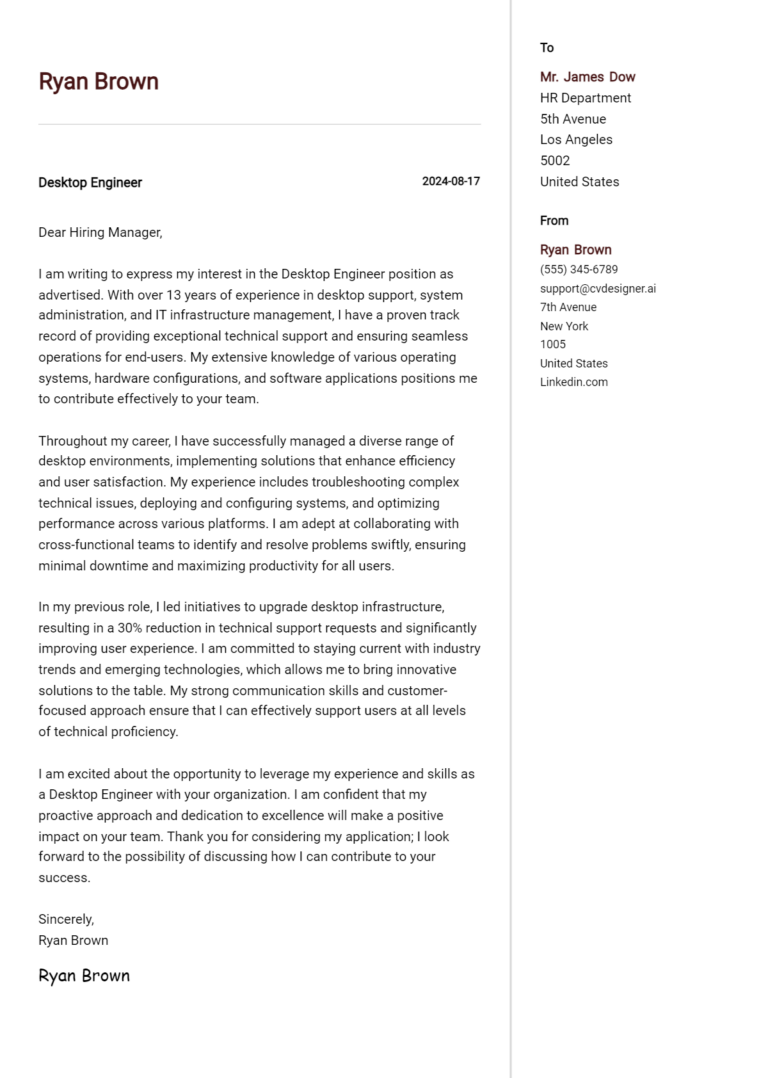24 Desktop Engineer Cover Letter Samples & Examples 2025
