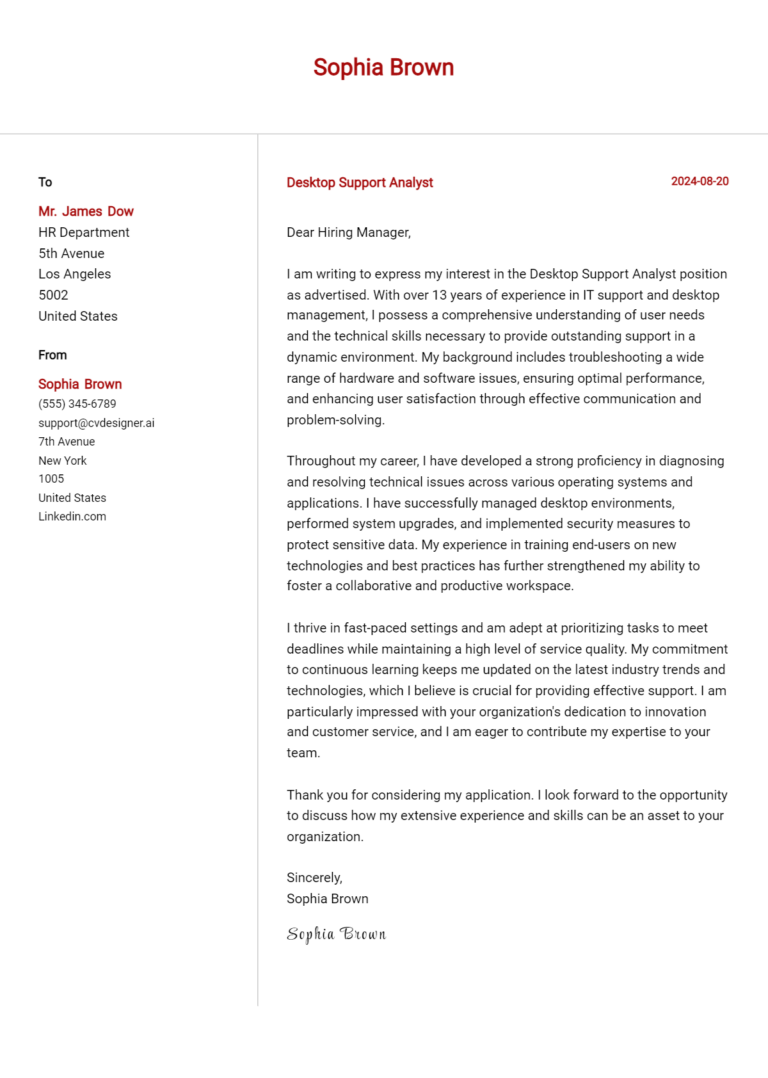 Desktop Support Analyst Cover Letter Example for 2025 (Free Templates) 1 Desktop Support Analyst Cover Letter Example for 2025 (Free Templates)