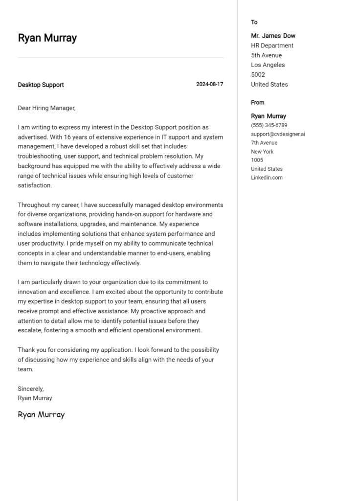 Desktop Support Cover Letter Samples And Examples 2024 Cvdesigner Ai