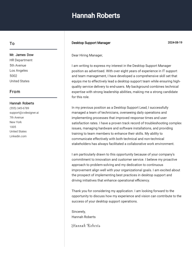 Desktop Support Manager Cover Letter Examples & Samples for 2025