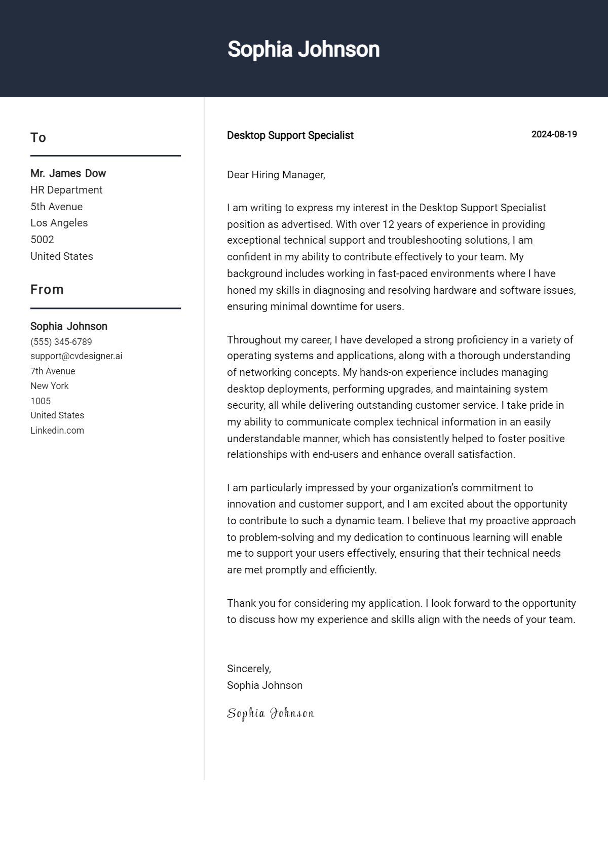 desktop support specialist cover letter example