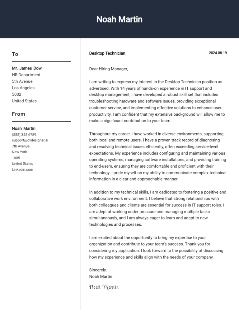 Desktop Technician Cover Letter Example for 2025: Expert Tips & Templates