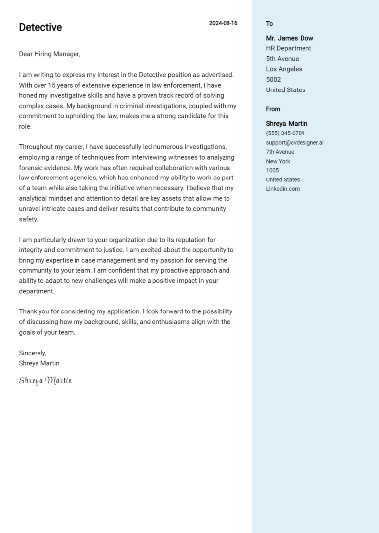 Detective Cover Letter Example for 2025: Top CV Skills