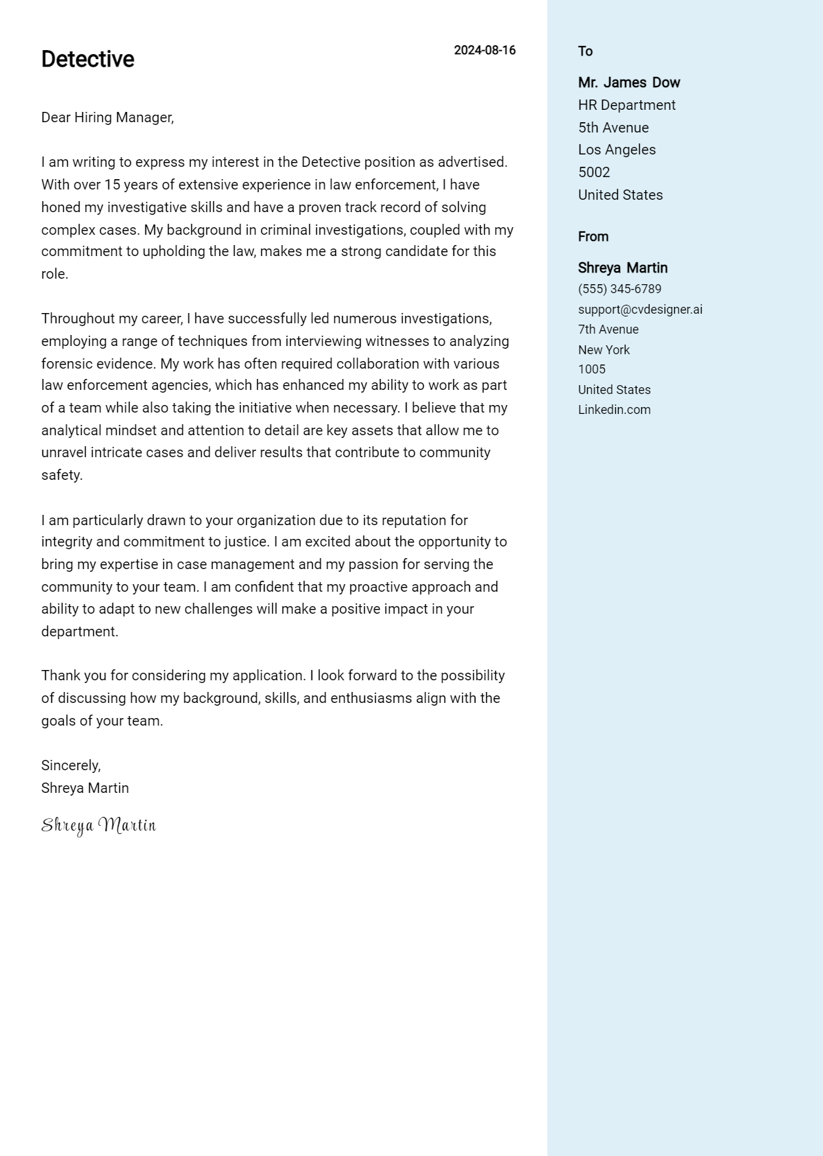 Detective Cover Letter Example for 2024: Top CV Skills - CVDesigner.ai