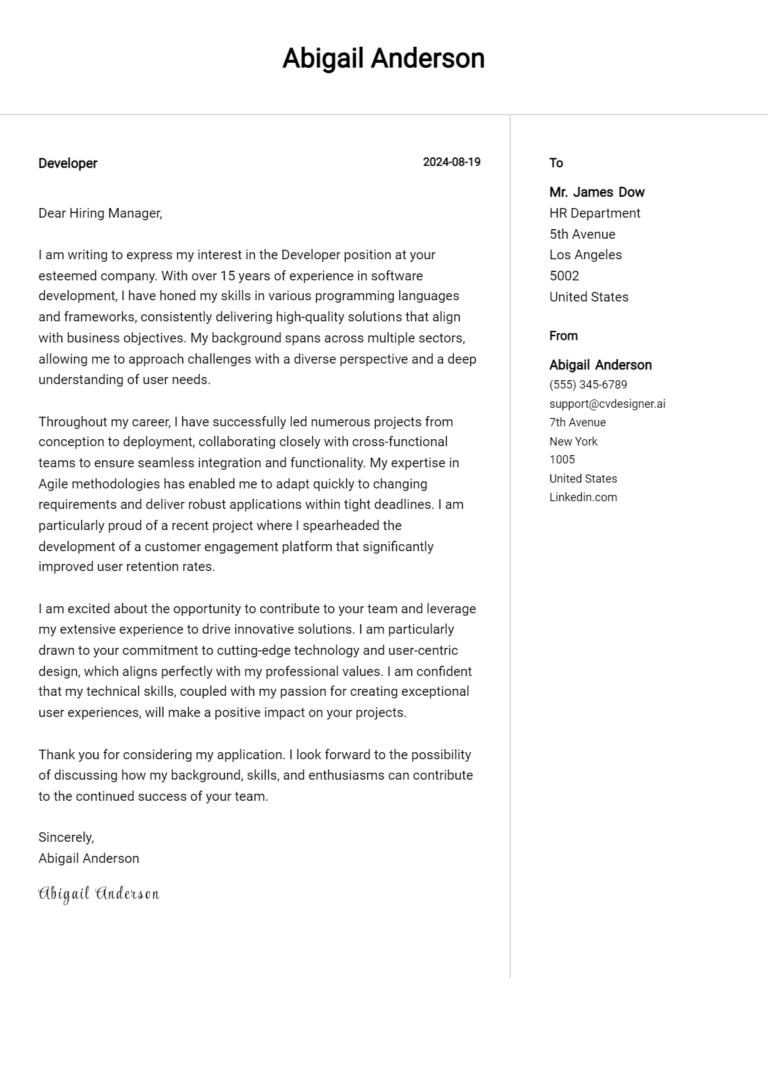 Developer Cover Letter Example for 2025: Proven Tips 1 Developer Cover Letter Example for 2025: Proven Tips