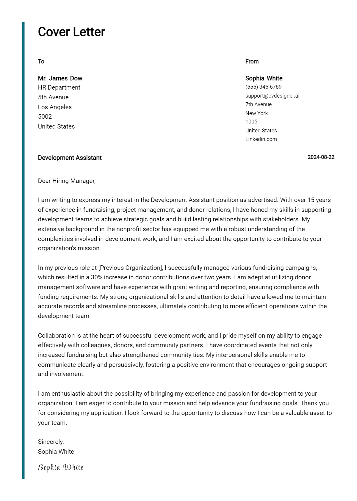 development assistant cover letter example