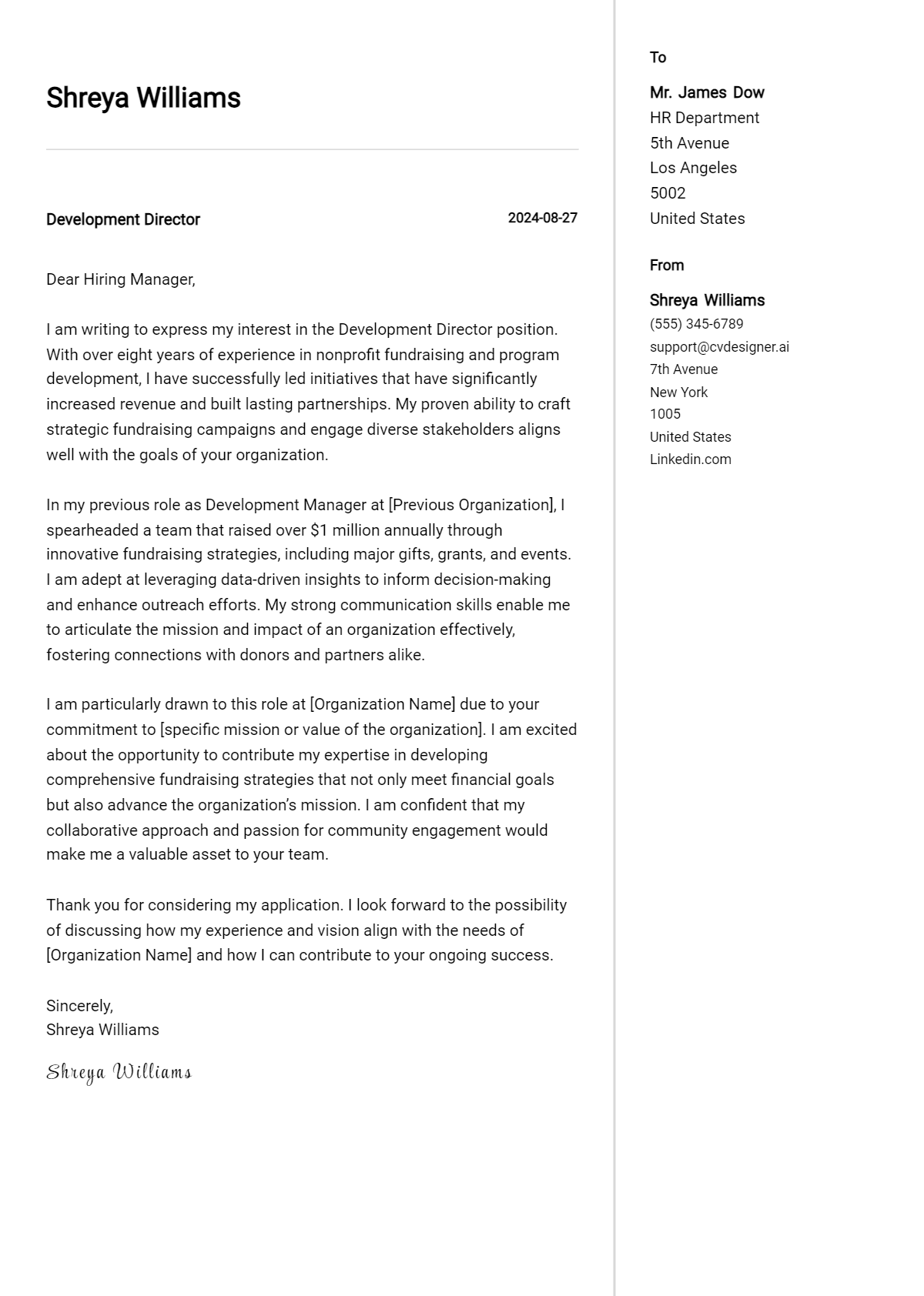 development director cover letter example