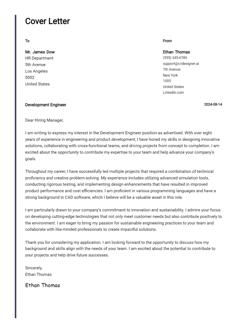 Development Engineer Cover Letter Example for 2025 (Free Templates)