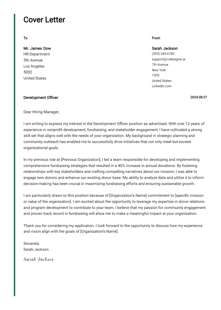 Development Officer Cover Letter Example for 2025: Ultimate Guide 1 Development Officer Cover Letter Example for 2025: Ultimate Guide