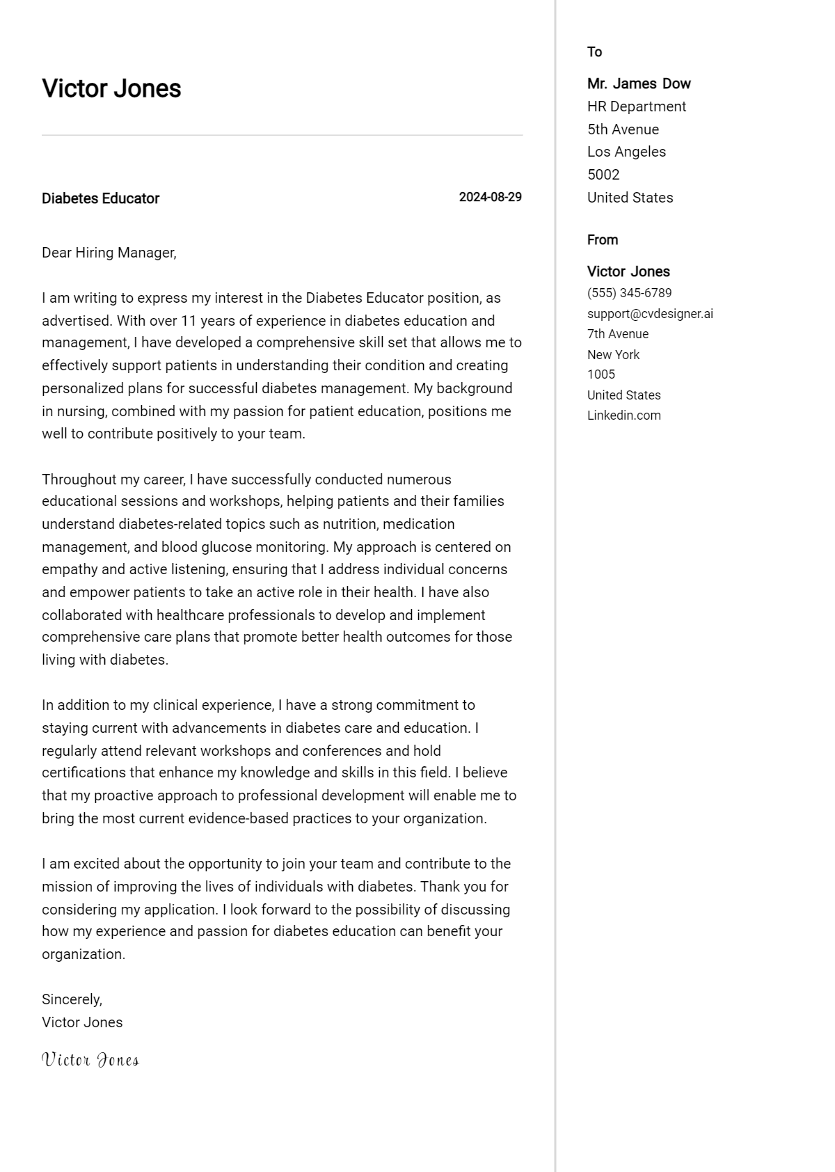 diabetes educator cover letter example