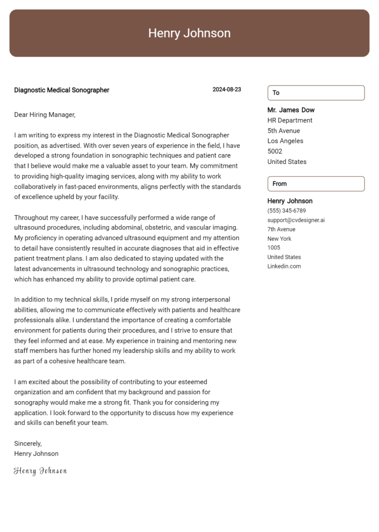 Diagnostic Medical Sonographer Cover Letter Samples & Examples 2025