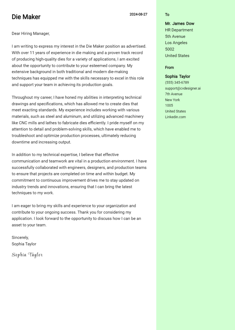 Die Maker Cover Letter Example for 2025 (Complete Writing Guide)