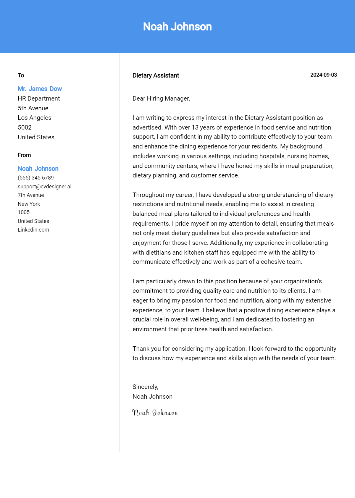 dietary assistant cover letter example