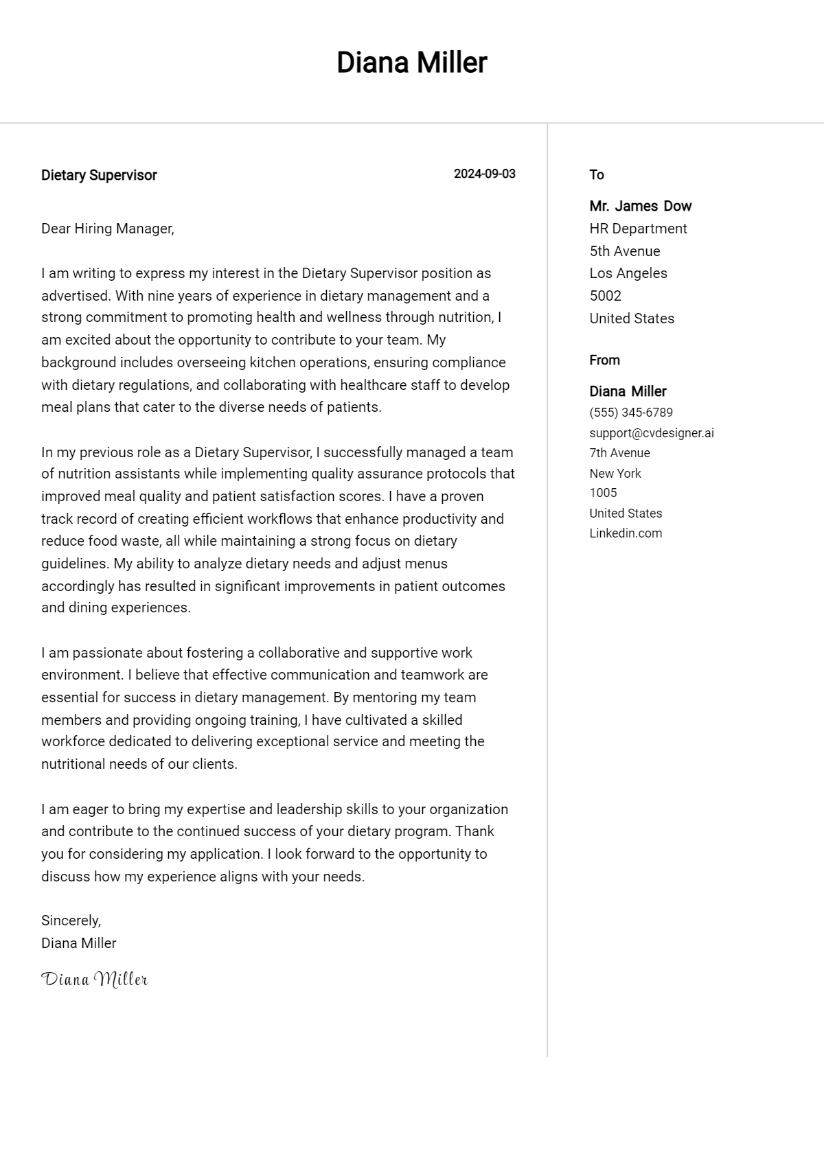 dietary supervisor cover letter example