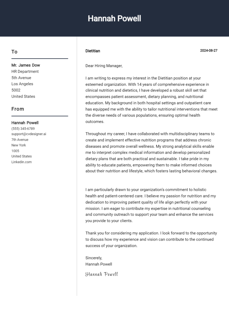 Dietitian Cover Letter Example for 2025: Free Templates