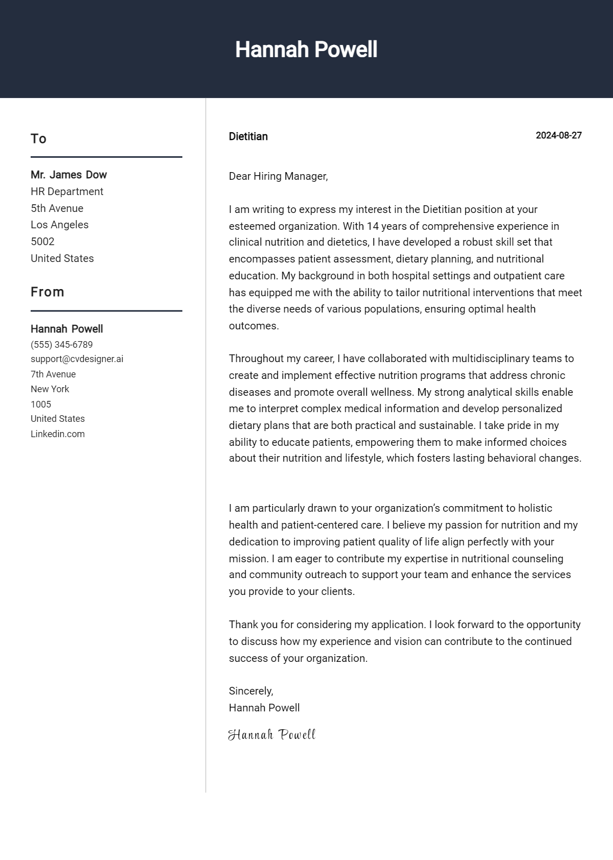 dietitian cover letter example