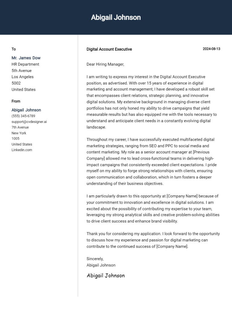 Digital Account Executive Cover Letter Example for 2025 (Download Templates)