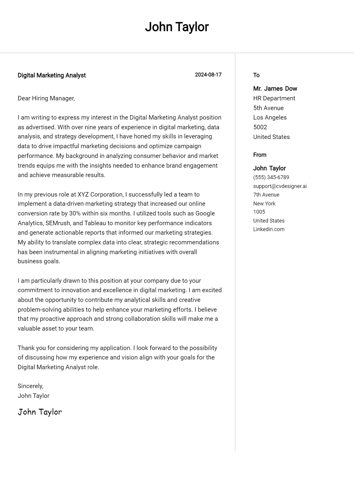 digital marketing analyst cover letter example