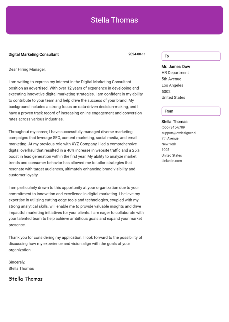 digital marketing consultant cover letter example