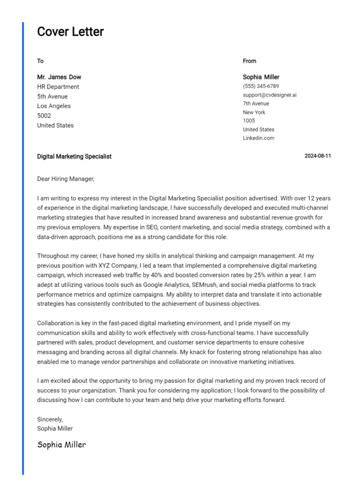 digital marketing specialist cover letter example