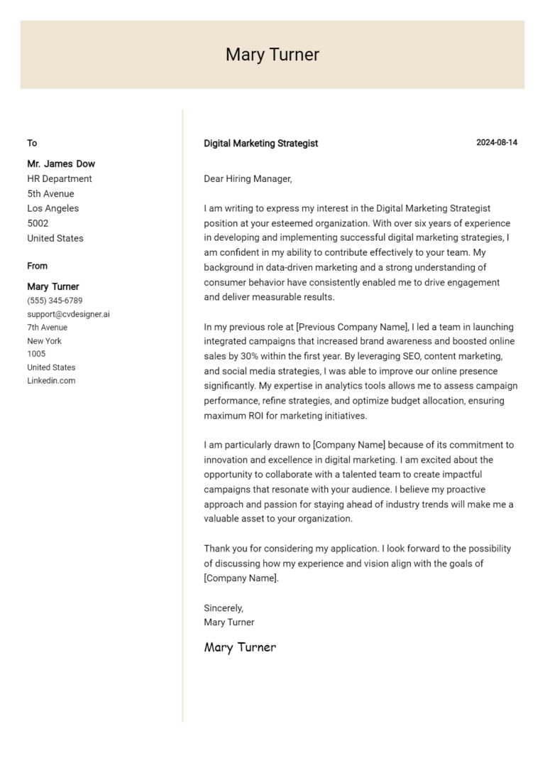 Digital Marketing Strategist Cover Letter Samples & Examples 2025