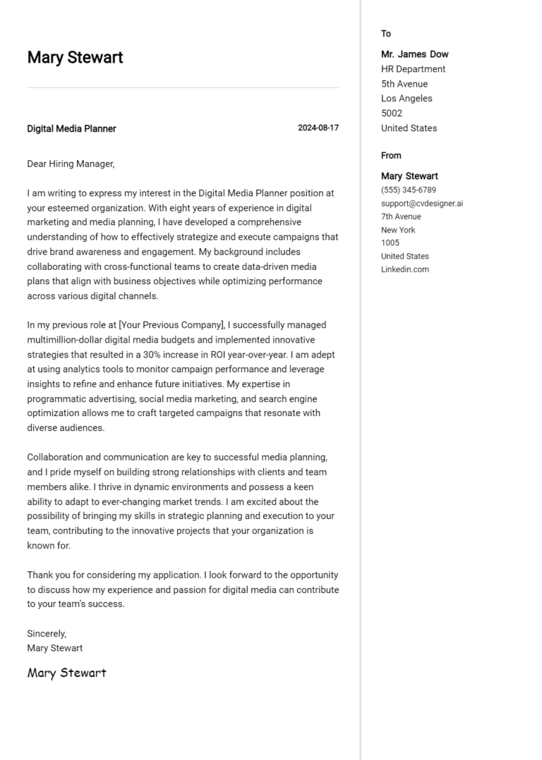 Digital Media Planner Cover Letter Example for 2025 (Writing Guide)