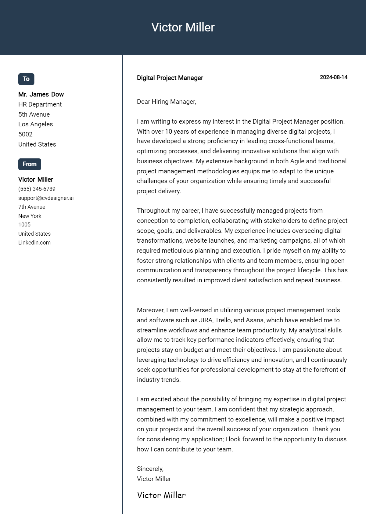 digital project manager cover letter example