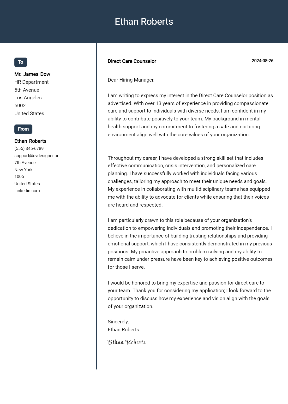direct care counselor cover letter example